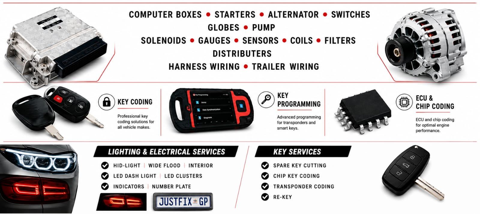 JustFix Auto Electrix workshop signage listing computer boxes, starters, alternators, key coding, ECU services and lighting